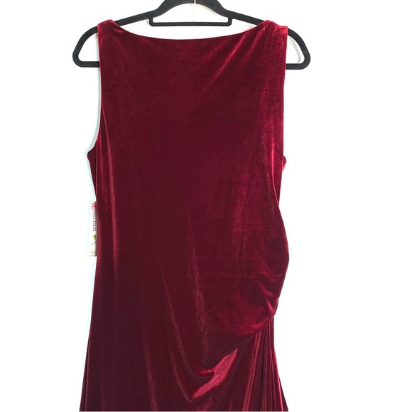 NWT Eliza J Velvet High Low Long Dress Size 14 Burgundy Cowl Neck Drape Rosette - Picture 8 of 15